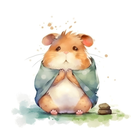 Hamster with a shawl on his head. Watercolor illustrationの素材