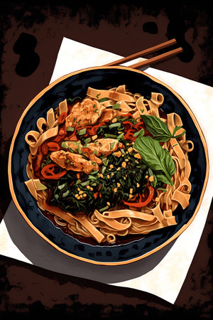 Noodles with chicken and vegetables in a bowl. Vector illustration.の素材