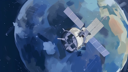 Illustration of a space station orbiting the planet Earth in outer spaceの素材
