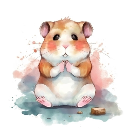 Hamster sitting on watercolor background. Watercolor hand drawn illustrationの素材