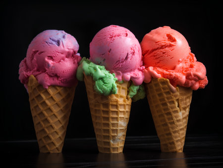 Ice cream scoops in waffle cones on a black background.の素材