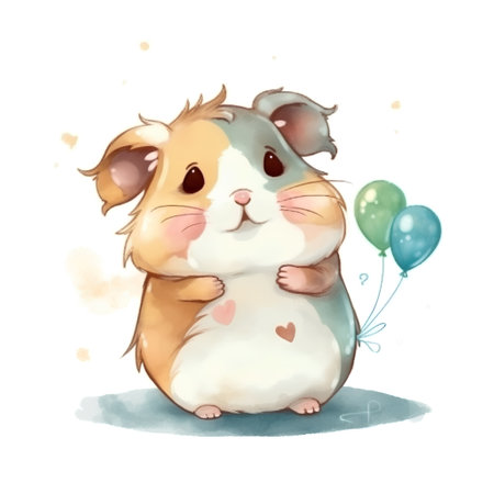 Illustration of a cute guinea pig with balloons on a white backgroundの素材