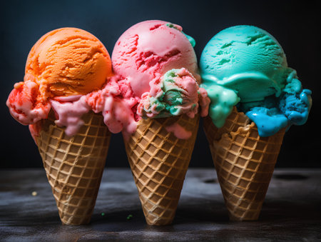 Colorful ice cream scoops in waffle cones on dark backgroundの素材