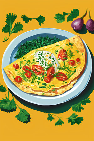Omelet with tomatoes, mozzarella and parsley. Vector illustration.の素材