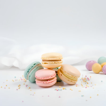 Colorful macaroons on white background with copy space for textの素材