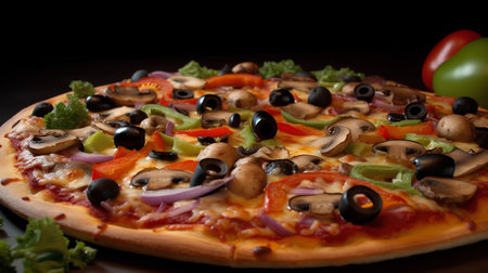 Pizza with mushrooms, olives and vegetables on a black backgroundの素材