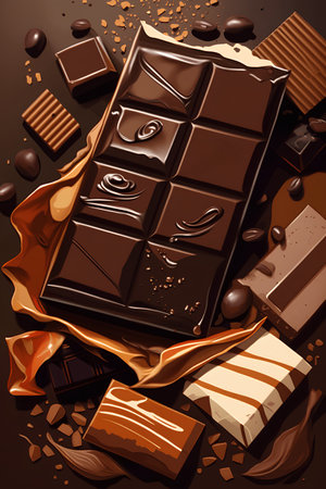 Chocolate bar with cocoa powder and pieces of chocolate. Vector illustration.の素材