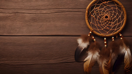 Dream catcher on a wooden background. Top view. Copy space.の素材