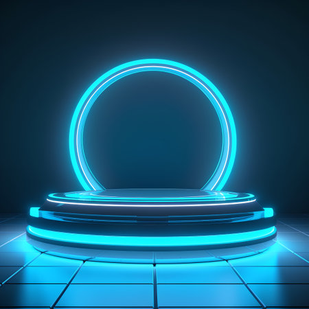 Neon round podium on blue background, 3d render. Computer digital drawing.の素材