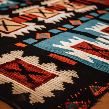 Detail of a colorful hand woven rug, close-up.の素材