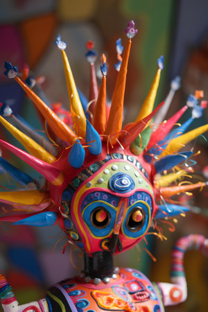 Close up view of a colorful traditional Balinese mask in a market.の素材
