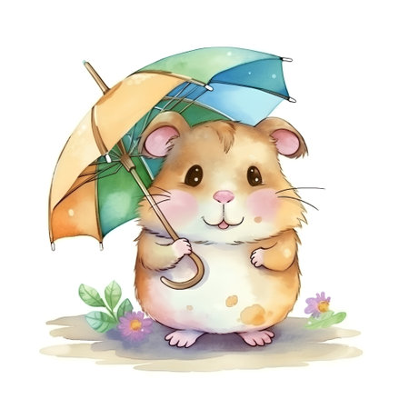 Cute hamster with umbrella. Watercolor illustration on white background.の素材
