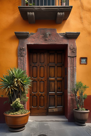 Old wooden door on the orange wall of an old house in Mexicoの素材