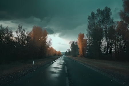 Road in the forest with trees in the background and stormy skyの素材