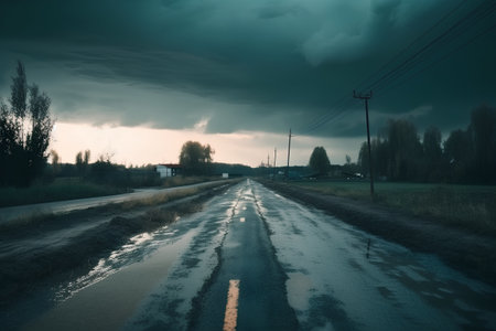 Dramatic stormy sky over rural road with puddlesの素材