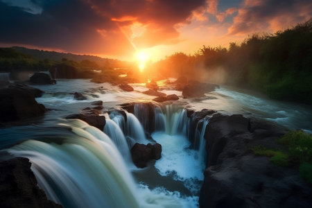 Beautiful sunset over the waterfall in the forest. Nature composition.の素材