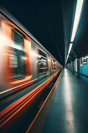 Train in a subway station at night. 3d rendering toned imageの素材