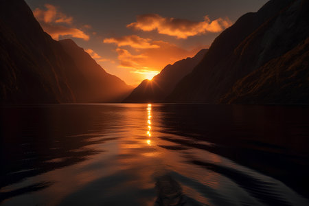 Sunset over a lake with mountains reflected in the water, 3d renderの素材