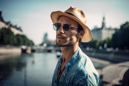 Handsome young man in hat and sunglasses is looking away and smiling while standing on the embankment of the river.の素材