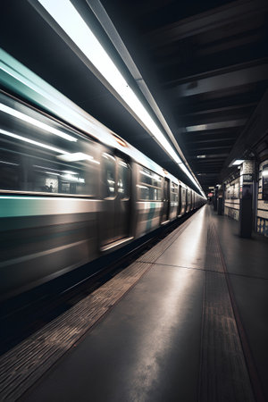 Train in the subway station at night. Motion blur. Long exposure.の素材