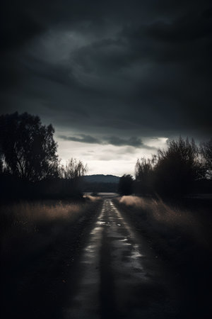 Dirt road in the countryside with dark storm clouds in the backgroundの素材