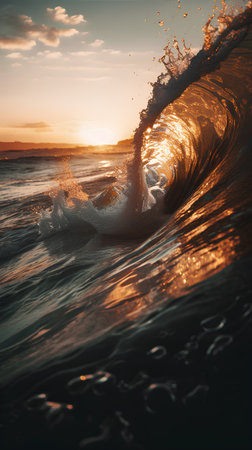 Beautiful sunset in the sea with waves and splashes of waterの素材