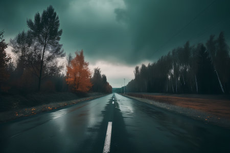 Beautiful autumn landscape with asphalt road and trees in foggy dayの素材