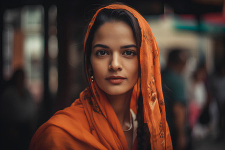 Beautiful young woman in orange shawl and headscarfの素材