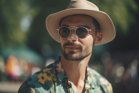 Portrait of a handsome young man in sunglasses and a hat.の素材