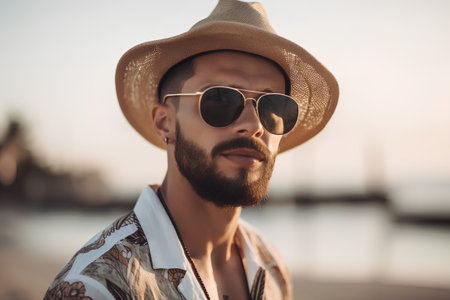 Portrait of handsome young man in hat and sunglasses on the beachの素材