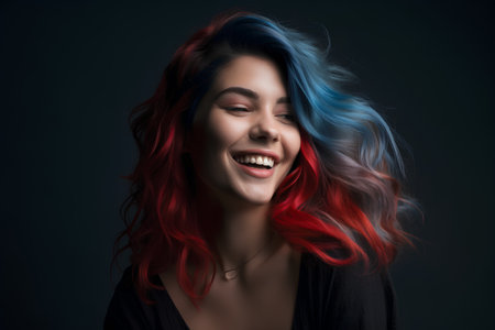 Portrait of a beautiful young woman with blue hair on black backgroundの素材