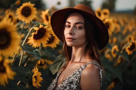 Portrait of a beautiful girl in a hat in a field of sunflowersの素材
