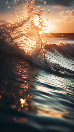 Beautiful sunset on the sea. Sea wave close-up.の素材