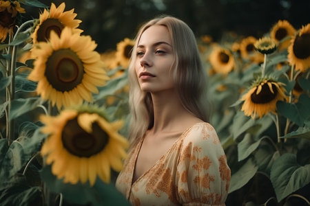 Portrait of a beautiful young woman in a field of sunflowersの素材