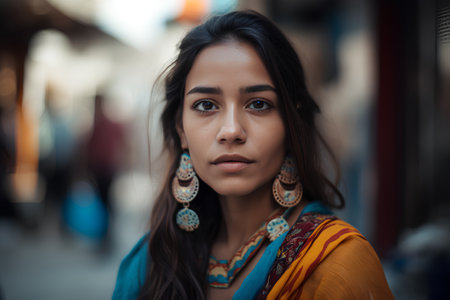 Portrait of a beautiful indian woman with scarf and earringsの素材