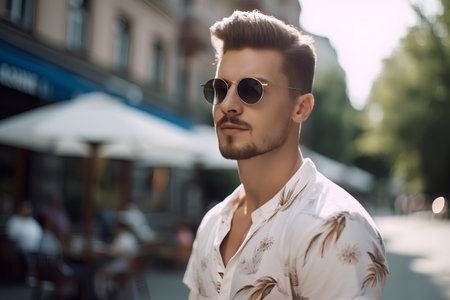 Handsome young man in sunglasses on the city street. Men's beauty, fashion.の素材