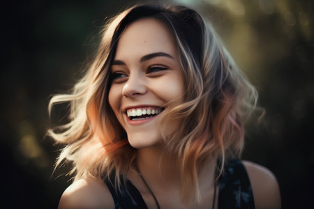 Portrait of a beautiful young woman smiling and looking at camera.の素材