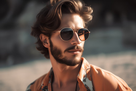 Portrait of a handsome young man in sunglasses. Men's beauty, fashion.の素材