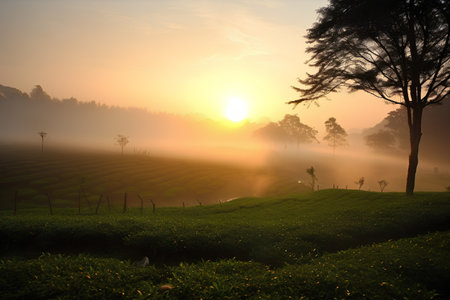 Tea Plantation in the morning mist at sunrise, Munnar, Kerala, Indiaの素材