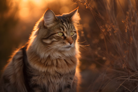 Siberian cat in sunset light. Beautiful cat with long hair.の素材