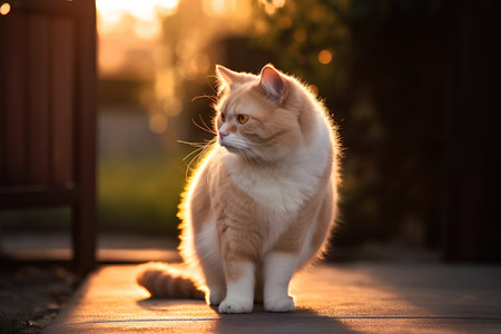Beautiful ginger cat with orange eyes in the rays of the setting sunの素材