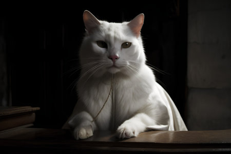 Beautiful white cat sitting on a wooden table in a dark roomの素材