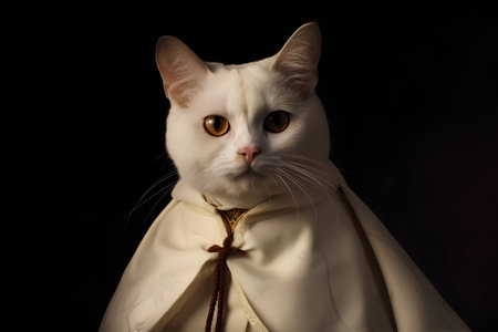 White cat with yellow cape on black background in studio photo shoot.の素材