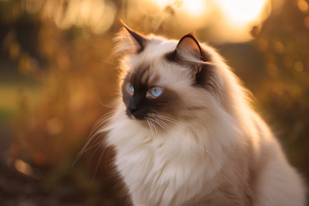 Portrait of a beautiful cat with blue eyes in the rays of the setting sunの素材