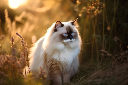 beautiful cat on the meadow in the rays of the setting sunの素材