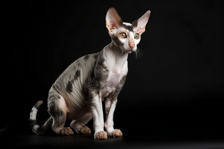 Studio photography of the cat of the don sphynx cat on colored backgroundsの素材