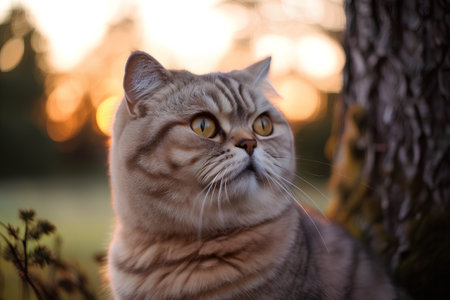 Portrait of scottish fold cat in nature at sunset.の素材
