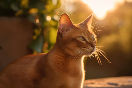 Beautiful ginger cat in the garden at sunset. Selective focus.の素材