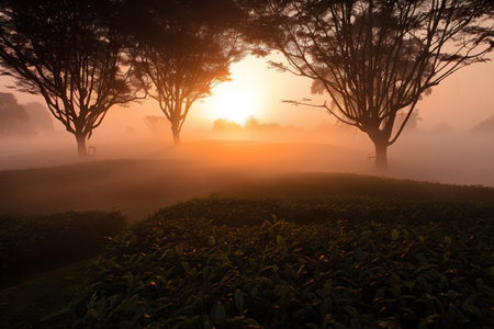 tea plantation at sunrise in the morning fog, tea industry in Sri Lankaの素材