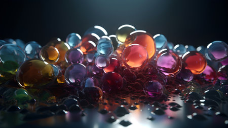 Multicolored glass balls on a dark background. 3d renderの素材